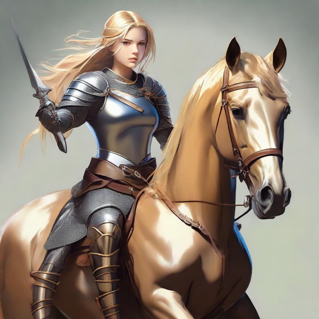 A courageous female knight skilled in archery and combat, clad in armor with a belt around her waist and a helmet on her head. Strands of her golden hair peek from under her helmet. She confidently straddles a horse, a bow in her hand.