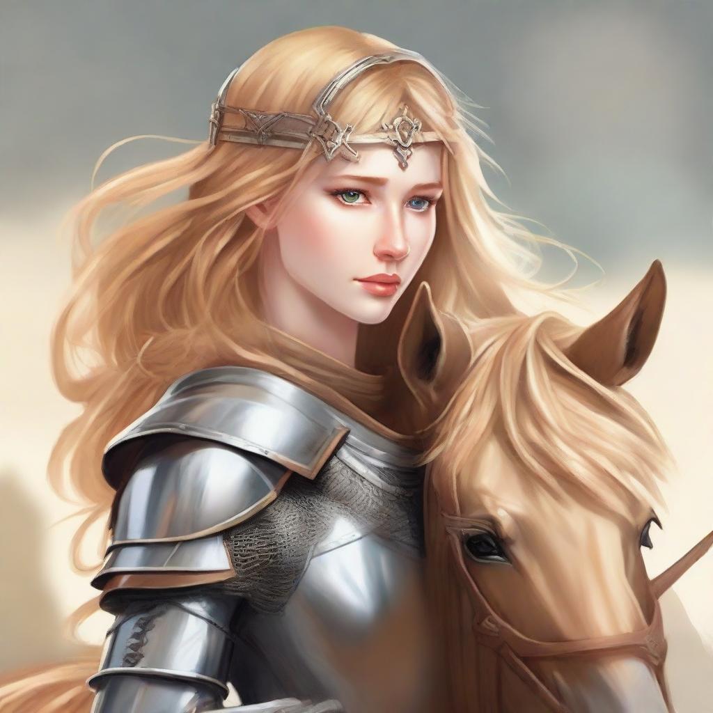 A courageous female knight skilled in archery and combat, clad in armor with a belt around her waist and a helmet on her head. Strands of her golden hair peek from under her helmet. She confidently straddles a horse, a bow in her hand.