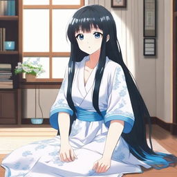 Create an image of a long-haired, black-haired anime character with blue eyes, sitting in a room wearing a comfortable house dress