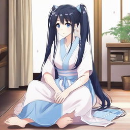 Create an image of a long-haired, black-haired anime character with blue eyes, sitting in a room wearing a comfortable house dress