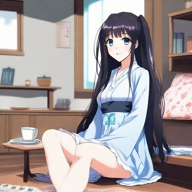 Create an image of a long-haired, black-haired anime character with blue eyes, sitting in a room wearing a comfortable house dress