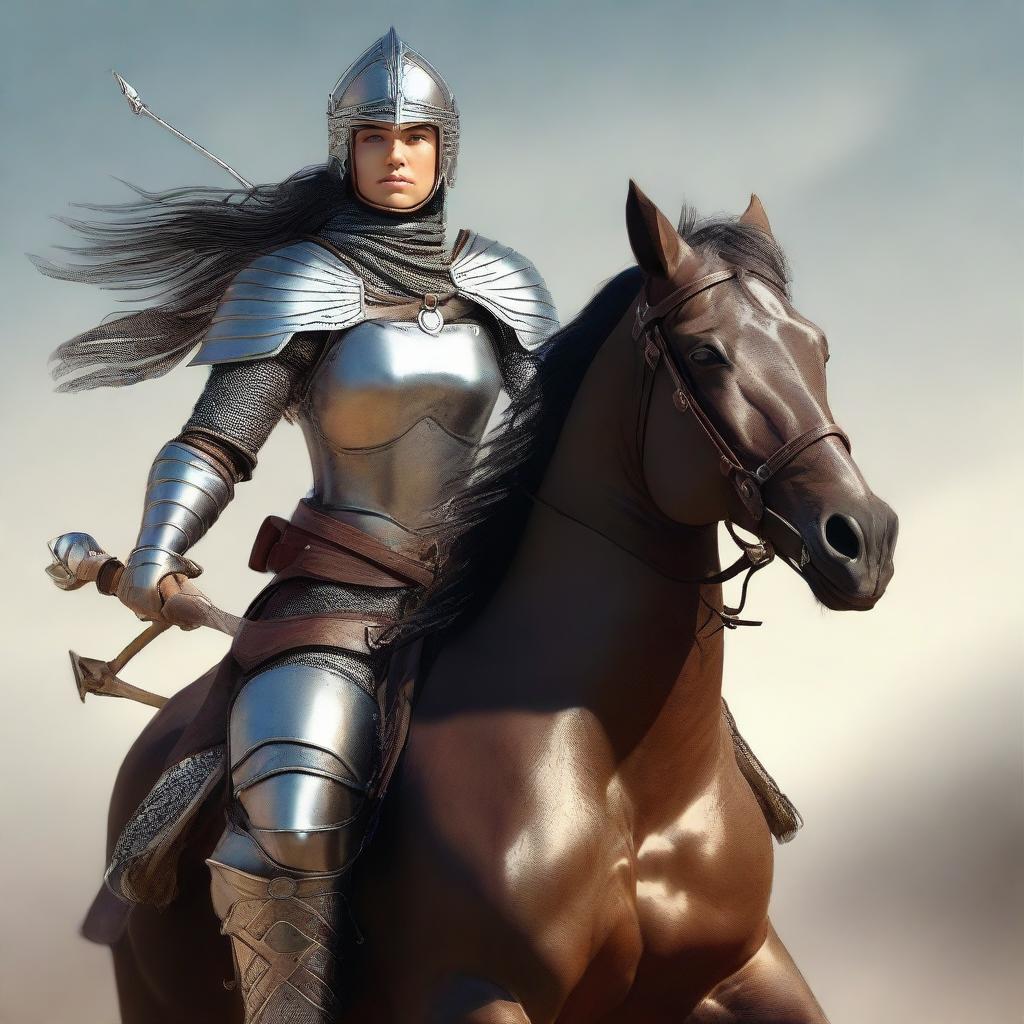 A fearless female knight wielding a bow and arrow, expert in combat and war. Dressed in armor, a belt around her waist, and a helmet on her head, she is riding a horse, ready for battle.