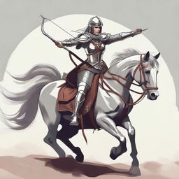 A fearless female knight wielding a bow and arrow, expert in combat and war. Dressed in armor, a belt around her waist, and a helmet on her head, she is riding a horse, ready for battle.