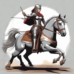 A fearless female knight wielding a bow and arrow, expert in combat and war. Dressed in armor, a belt around her waist, and a helmet on her head, she is riding a horse, ready for battle.