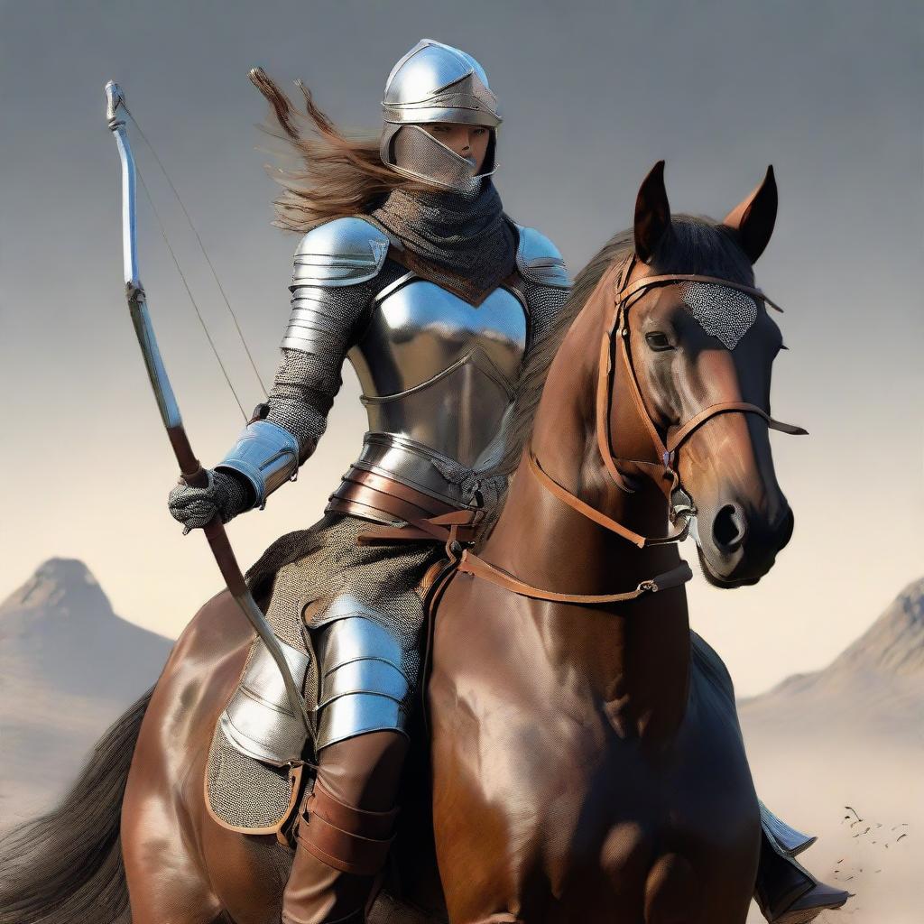 A fearless female knight wielding a bow and arrow, expert in combat and war. Dressed in armor, a belt around her waist, and a helmet on her head, she is riding a horse, ready for battle.