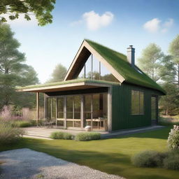 A two-story country cottage designed in Scandinavian style, complete with large, inviting windows and a lush green roof.