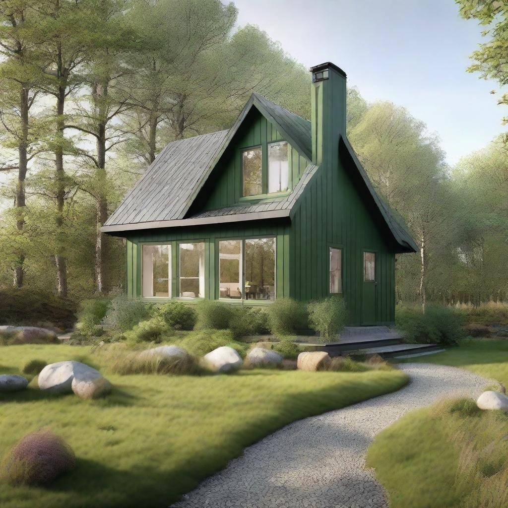 A two-story country cottage designed in Scandinavian style, complete with large, inviting windows and a lush green roof.