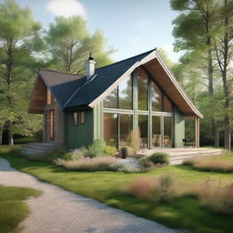 A two-story country cottage designed in Scandinavian style, complete with large, inviting windows and a lush green roof.