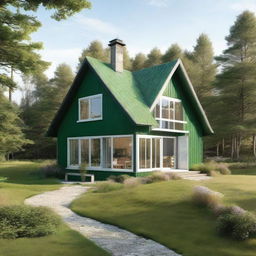 A two-story country cottage designed in Scandinavian style, complete with large, inviting windows and a lush green roof.