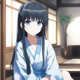 Generate an image of a long-haired, black-haired anime character with blue eyes, sitting in a room wearing a comfortable house dress, looking thoughtful