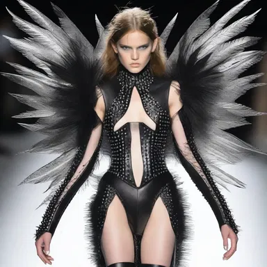 The model walked down the runway in a freaky outfit covered in spikes and feathers.