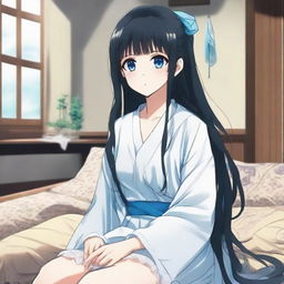 Generate an image of a long-haired, black-haired anime character with blue eyes, sitting in a room wearing a comfortable house dress, looking thoughtful