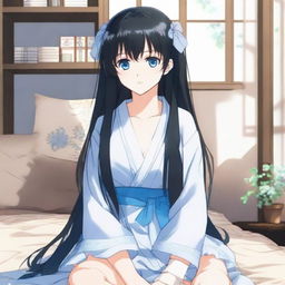 Generate an image of a long-haired, black-haired anime character with blue eyes, sitting in a room wearing a comfortable house dress, looking thoughtful