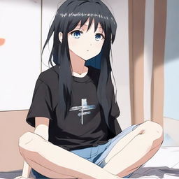 Generate an image of a cute, long-haired, black-haired anime character with blue eyes, sitting in a room wearing a black t-shirt and short pants