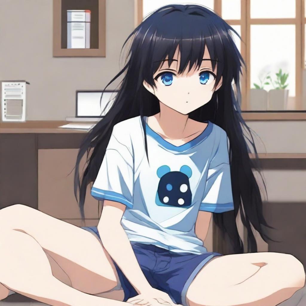 Generate an image of a cute, long-haired, black-haired anime character with blue eyes, sitting in a room wearing a black t-shirt and short pants