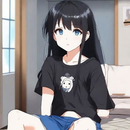 Generate an image of a cute, long-haired, black-haired anime character with blue eyes, sitting in a room wearing a black t-shirt and short pants