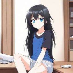 Generate an image of a cute, long-haired, black-haired anime character with blue eyes, sitting in a room wearing a black t-shirt and short pants