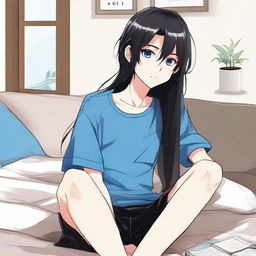 Create an image of a cute, long-haired, black-haired anime character with blue eyes, sitting in a room, dressed in a black t-shirt and short pants, in the artistic style of a Manhwa