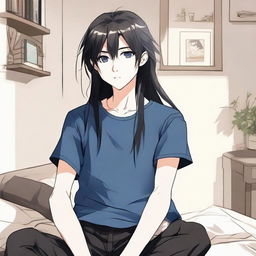 Create an image of a cute, long-haired, black-haired anime character with blue eyes, sitting in a room, dressed in a black t-shirt and short pants, in the artistic style of a Manhwa