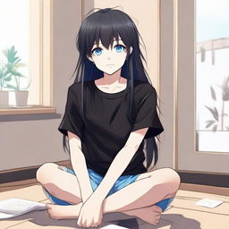 Create an image of a cute, long-haired, black-haired anime character with blue eyes, sitting in a room, dressed in a black t-shirt and short pants, in the artistic style of a Manhwa