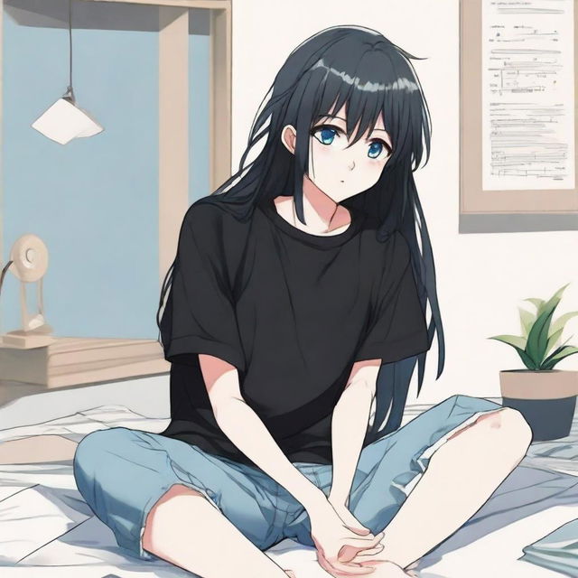 Create an image of a cute, long-haired, black-haired anime character with blue eyes, sitting in a room, dressed in a black t-shirt and short pants, in the artistic style of a Manhwa