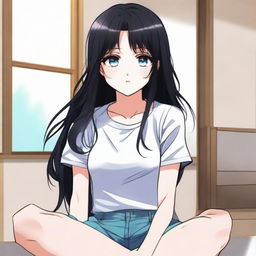 Generate an image of a cute long-haired black-haired anime character with blue eyes, sitting in a room wearing a black t-shirt and short pants. The style should be reminiscent of manhwa (Korean comics)