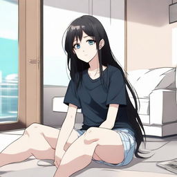 Generate an image of a cute long-haired black-haired anime character with blue eyes, sitting in a room wearing a black t-shirt and short pants. The style should be reminiscent of manhwa (Korean comics)