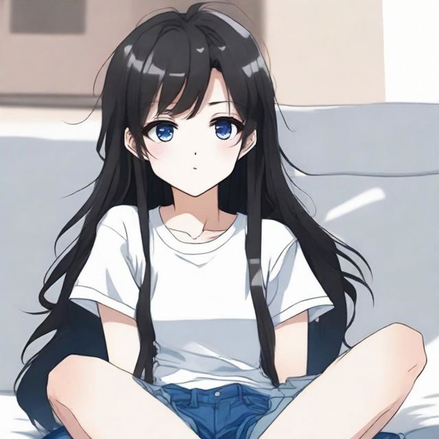 Generate an image of a cute long-haired black-haired anime character with blue eyes, sitting in a room wearing a black t-shirt and short pants. The style should be reminiscent of manhwa (Korean comics)