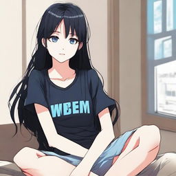 Generate an image of a cute long-haired black-haired anime character with blue eyes, sitting in a room wearing a black t-shirt and short pants. The style should be reminiscent of manhwa (Korean comics)