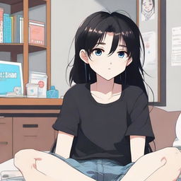 Create an image of a cute long-haired black-haired anime character named 'Sugar Kid', with blue eyes, sitting in a room wearing a black t-shirt and short pants. The style should be reminiscent of manhwa (Korean comics)