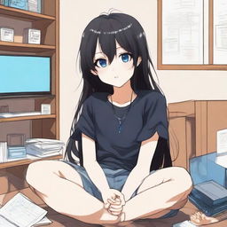 Create an image of a cute long-haired black-haired anime character named 'Sugar Kid', with blue eyes, sitting in a room wearing a black t-shirt and short pants. The style should be reminiscent of manhwa (Korean comics)