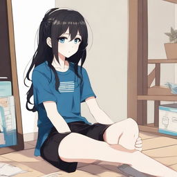 Create an image of a cute long-haired black-haired anime character named 'Sugar Kid', with blue eyes, sitting in a room wearing a black t-shirt and short pants. The style should be reminiscent of manhwa (Korean comics)