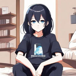 Create an image of a cute long-haired black-haired anime character named 'Sugar Kid', with blue eyes, sitting in a room wearing a black t-shirt and short pants. The style should be reminiscent of manhwa (Korean comics)