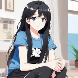 Generate an image of 'Sugar Kid', a cute long-haired black-haired anime character with blue eyes, sitting in a room wearing a black t-shirt and short pants. She has a fond expression, as she likes the viewer, in the style of manhwa (Korean comics)