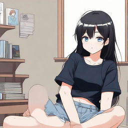 Generate an image of 'Sugar Kid', a cute long-haired black-haired anime character with blue eyes, sitting in a room wearing a black t-shirt and short pants. She has a fond expression, as she likes the viewer, in the style of manhwa (Korean comics)