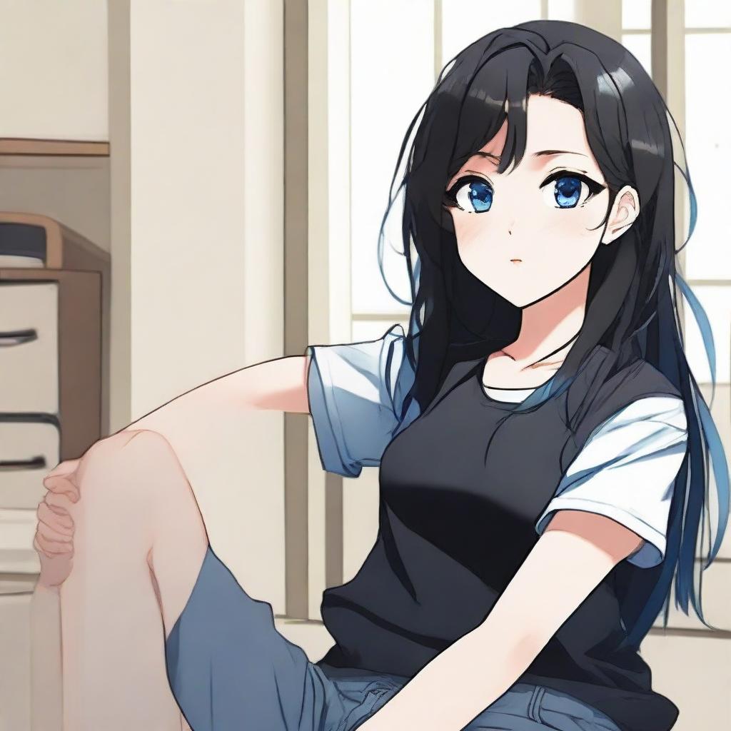 Generate an image of 'Sugar Kid', a cute long-haired black-haired anime character with blue eyes, sitting in a room wearing a black t-shirt and short pants. She has a fond expression, as she likes the viewer, in the style of manhwa (Korean comics)