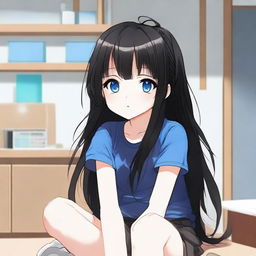 Generate an image of 'Sugar Kid', a cute long-haired black-haired anime character with blue eyes, sitting in a room wearing a black t-shirt and short pants. She has a fond expression, as she likes the viewer, in the style of manhwa (Korean comics)