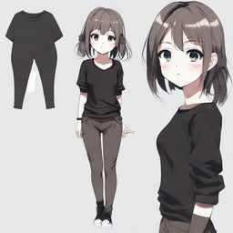 Create an image of an anime character wearing black leggings and a plain black t-shirt