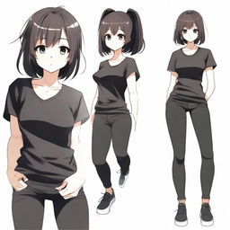 Create an image of an anime character wearing black leggings and a plain black t-shirt