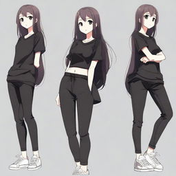 Create an image of an anime character wearing black leggings and a plain black t-shirt