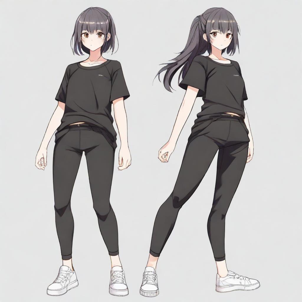 Create an image of an anime character wearing black leggings and a plain black t-shirt