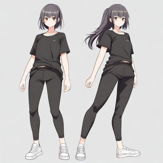 Create an image of an anime character wearing black leggings and a plain black t-shirt