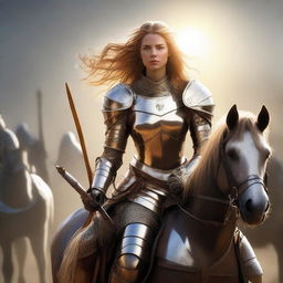 A valiant female knight on horseback equipped with armor, sword, and bow and arrow. Her hair shines like golden sunlight. She confidently faces an army of soldiers, ready to demonstrate her war and combat skills.