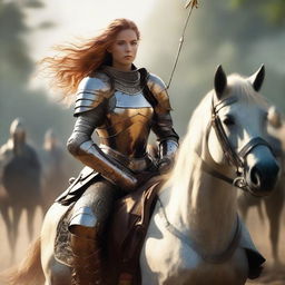 A valiant female knight on horseback equipped with armor, sword, and bow and arrow. Her hair shines like golden sunlight. She confidently faces an army of soldiers, ready to demonstrate her war and combat skills.