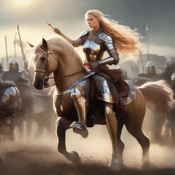 A valiant female knight on horseback equipped with armor, sword, and bow and arrow. Her hair shines like golden sunlight. She confidently faces an army of soldiers, ready to demonstrate her war and combat skills.