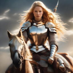 A valiant female knight on horseback equipped with armor, sword, and bow and arrow. Her hair shines like golden sunlight. She confidently faces an army of soldiers, ready to demonstrate her war and combat skills.