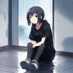 Generate an image of an anime character sitting alone in a room during a rain shower, wearing black leggings and a plain black t-shirt