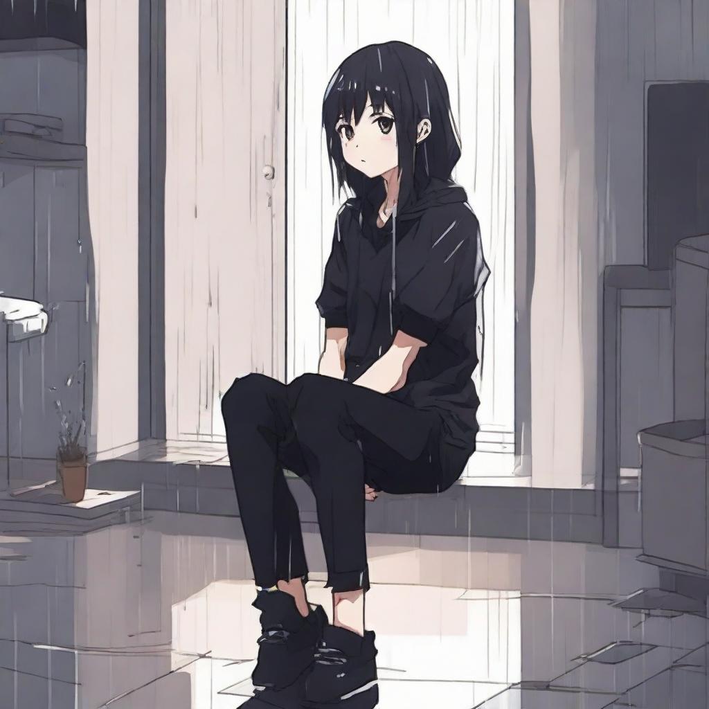 Generate an image of an anime character sitting alone in a room during a rain shower, wearing black leggings and a plain black t-shirt