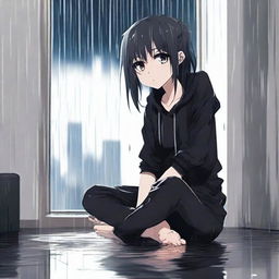 Generate an image of an anime character sitting alone in a room during a rain shower, wearing black leggings and a plain black t-shirt