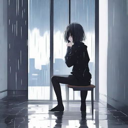 Generate an image of an anime character sitting alone in a room during a rain shower, wearing black leggings and a plain black t-shirt